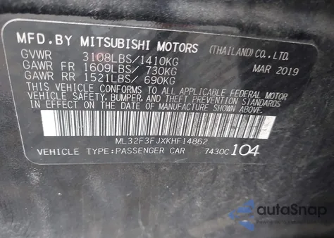 2019 Mitsubishi Mirage G4 Es из США, поврежденный, VIN ML32F3FJXKHF14862